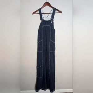 Y2K Wide Leg Flare Denim Overalls, Rave Wear Stone Jeans, Size 1 (XS)